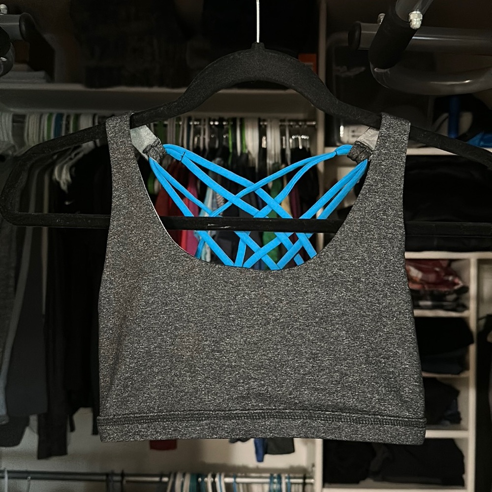 Grey Born Primitive bra with bright blue straps